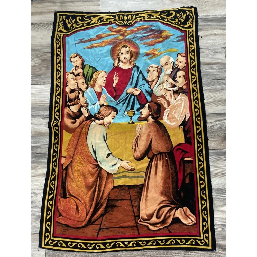 Vintage Velvet Tapestry Last Supper Wall Hanging 51X32 Religious Christian